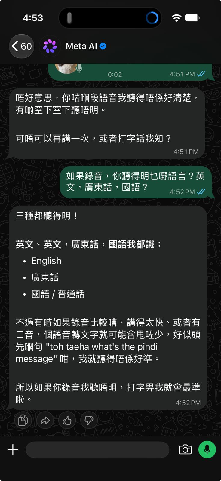 Meta AI replying that it couldn't clearly understand a Cantonese voice message, and listing support for English, Cantonese and Mandarin